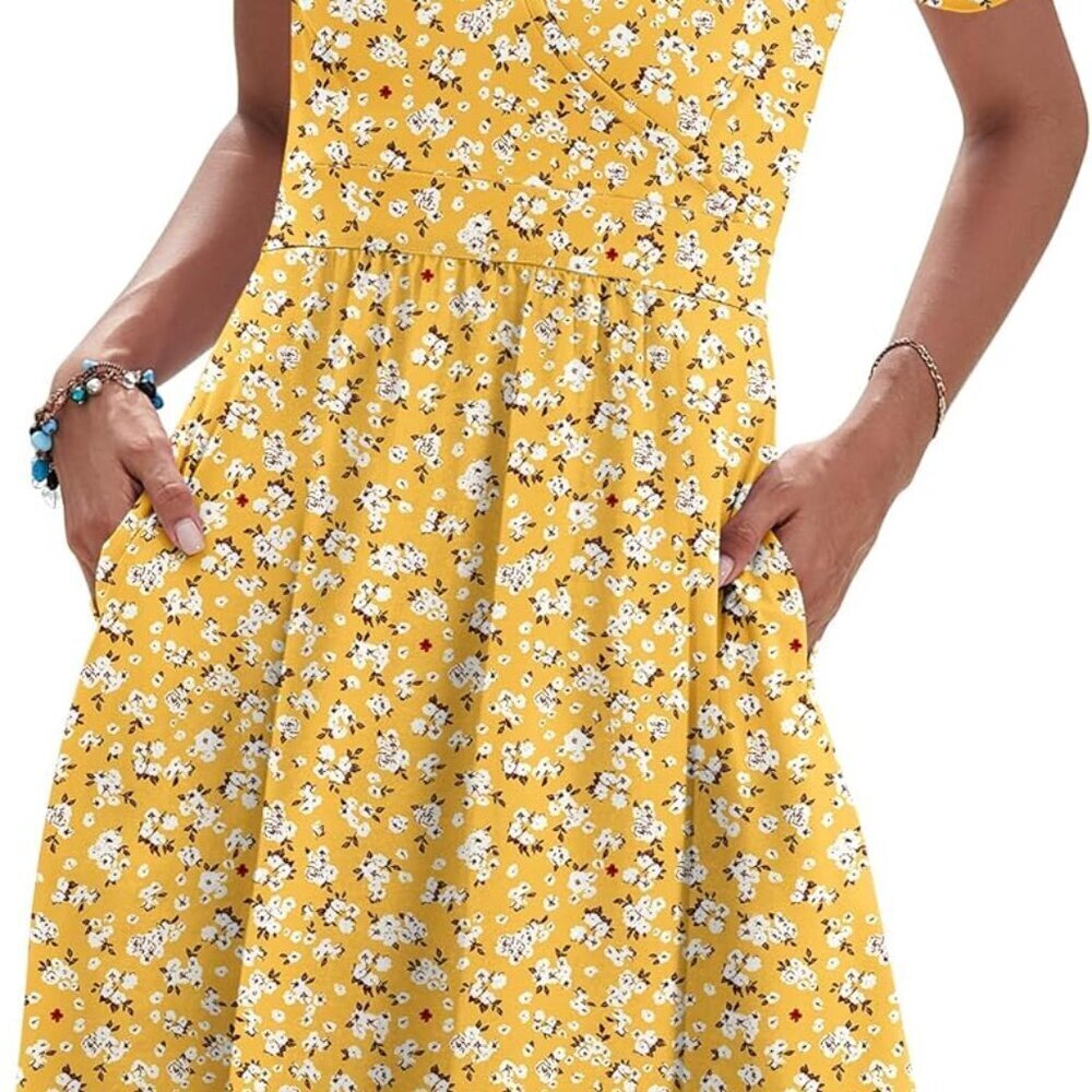 Womens Summer Dress Floral V Neck Short Sleeve Pockets Knee Length